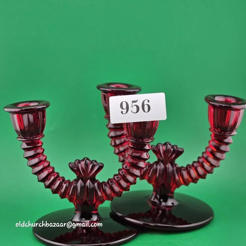 Set of 2 Paden City Ruby Red Glass Crows Foot Round Double Candle Holders